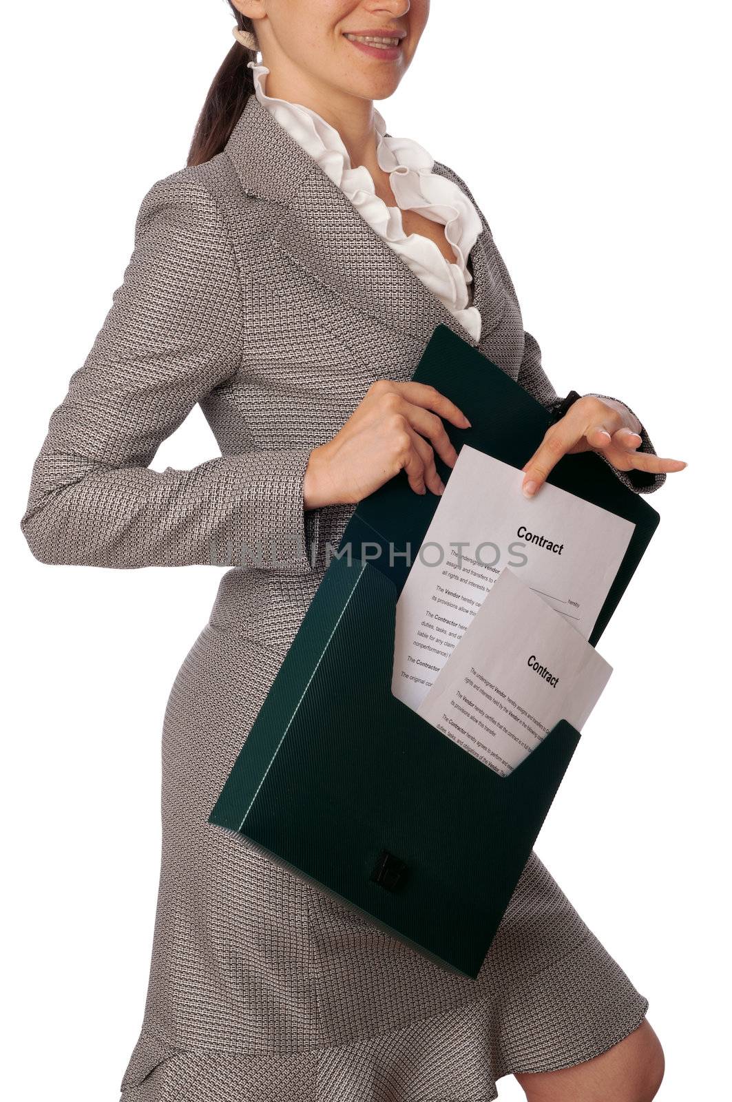 Businesswoman taking out from a suitcase contract for new employees