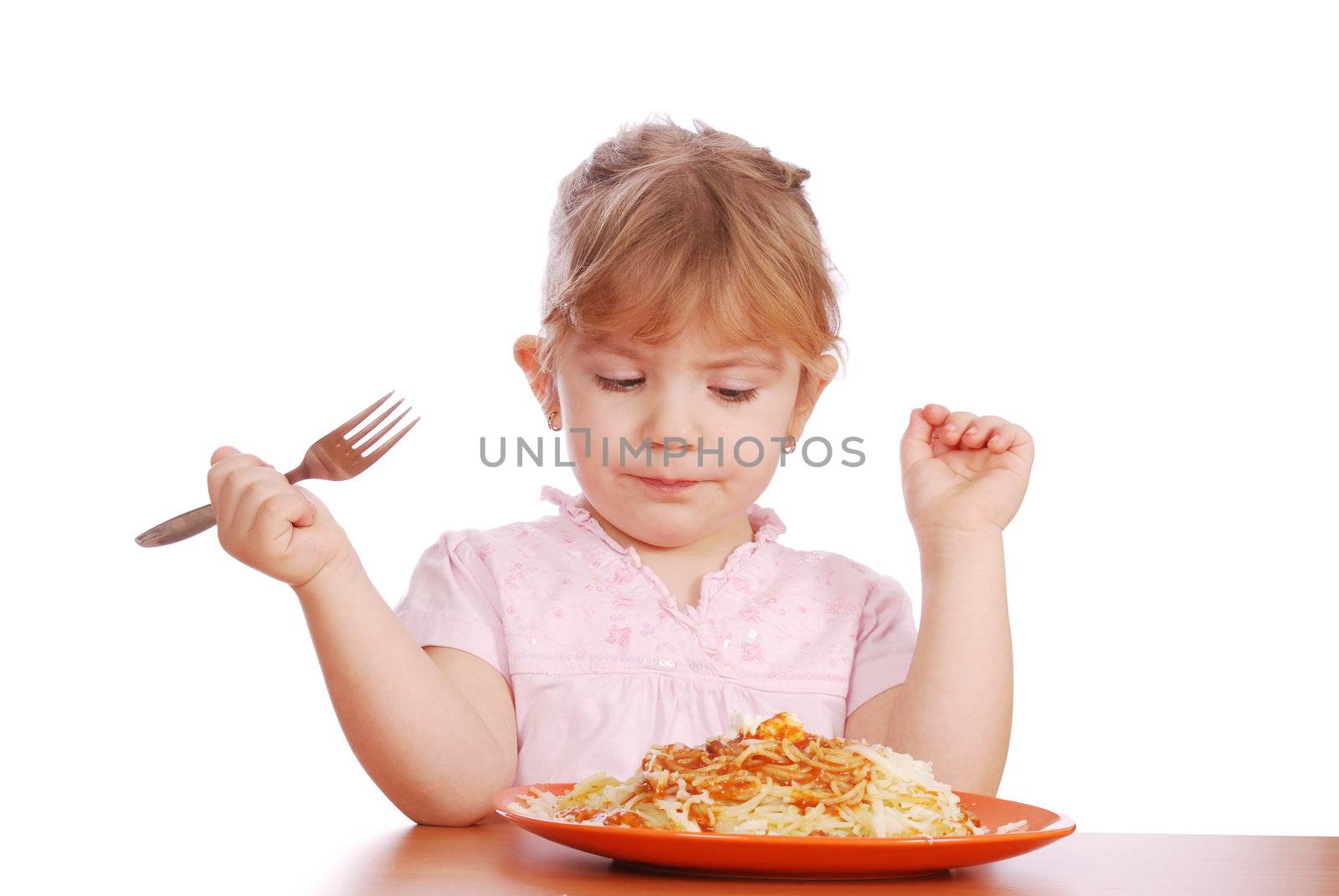 Beauty little girl eat spaghetti