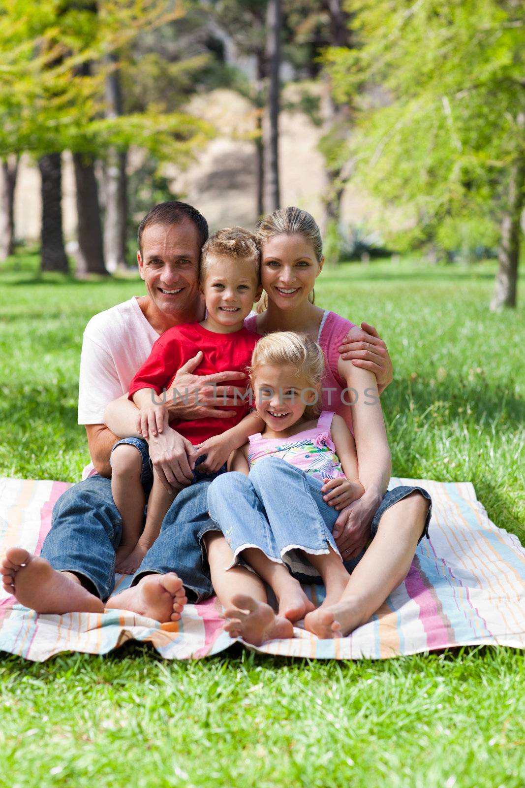 Portrait of a smiling family having a picnic in a park