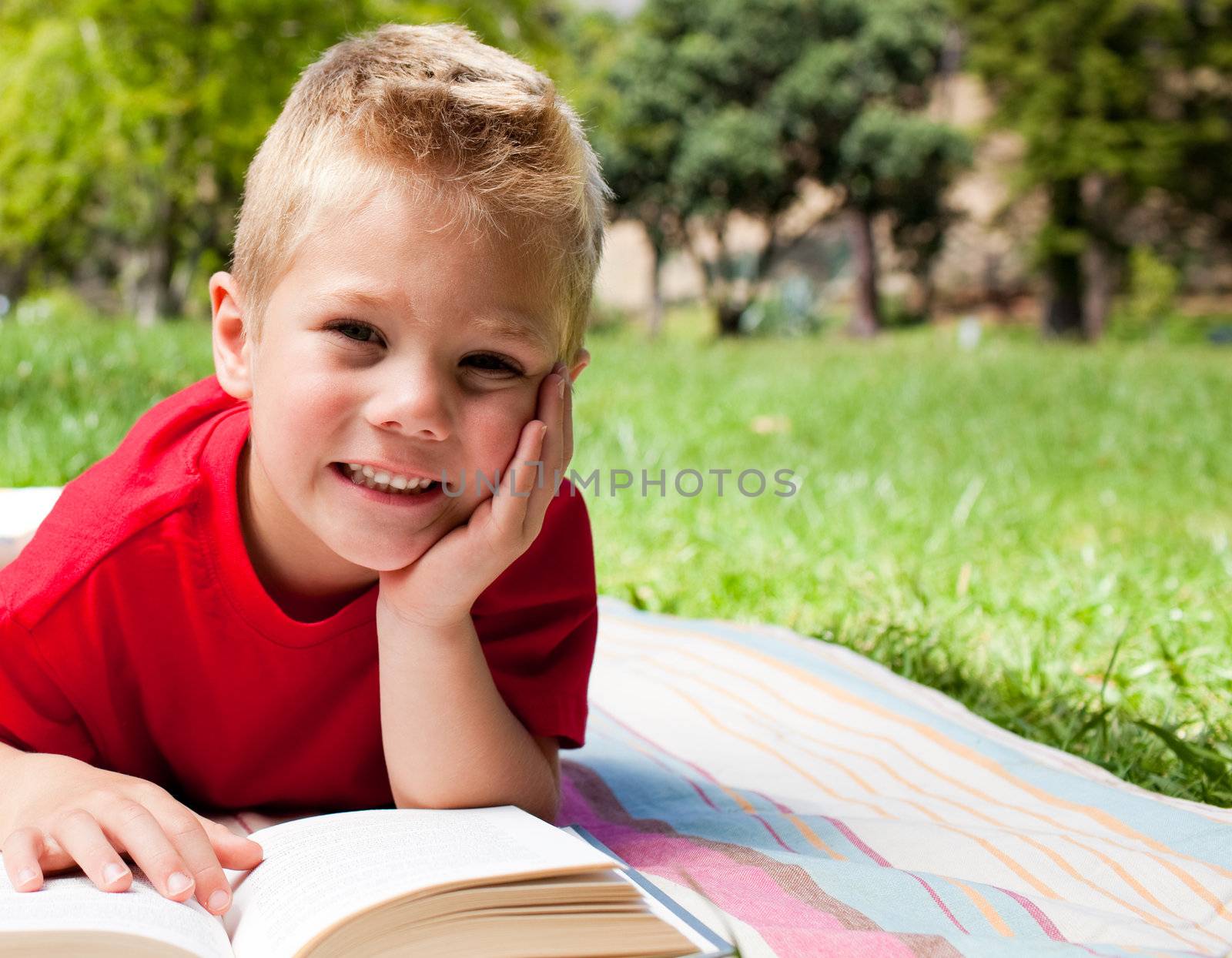 Cute little boy reading at a picnic with his family