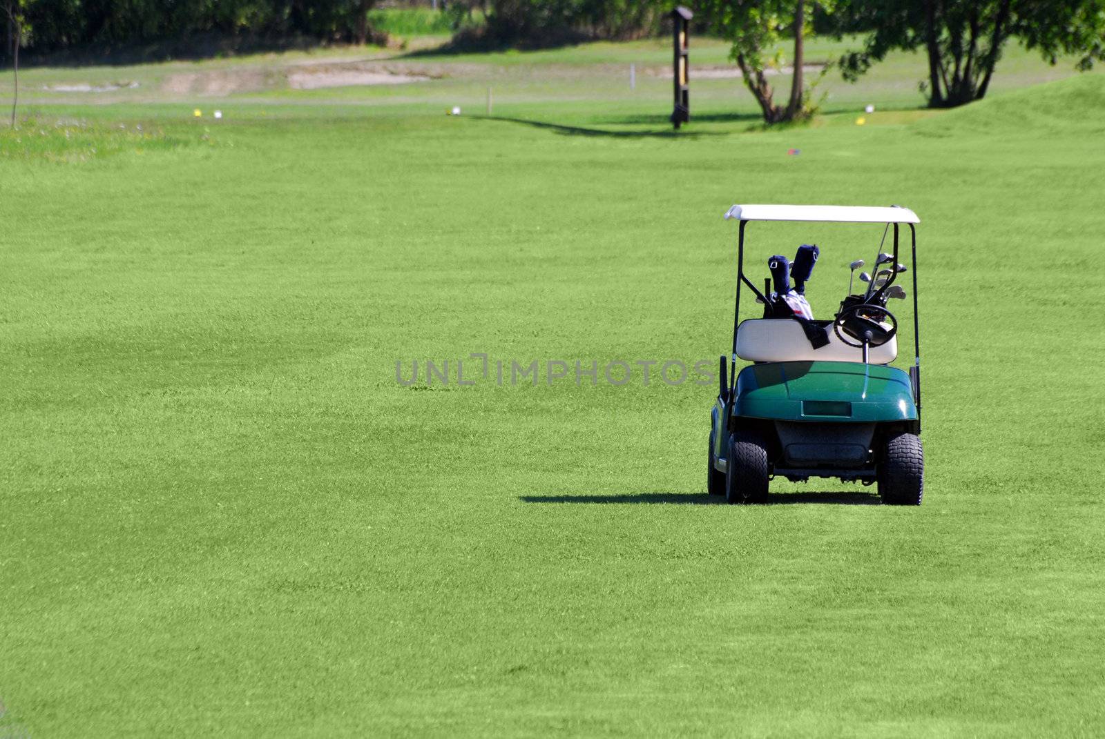 Golf buggy on green grass golf field