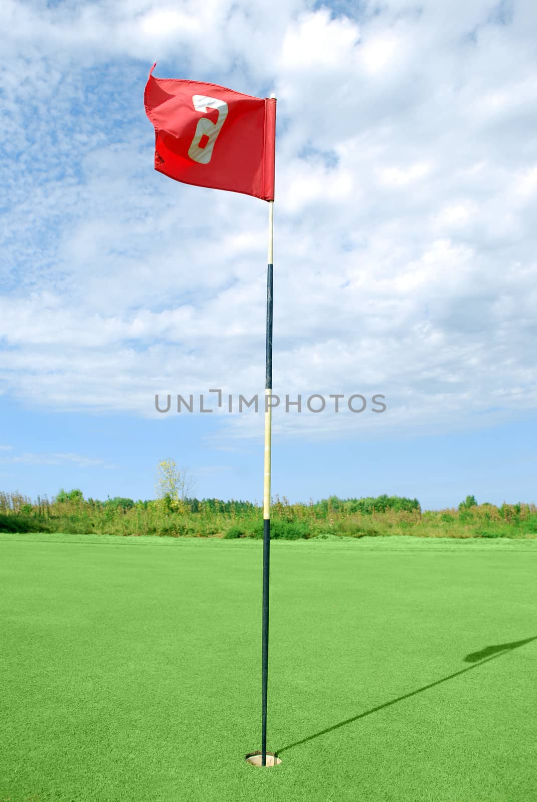 Golf field with red flag