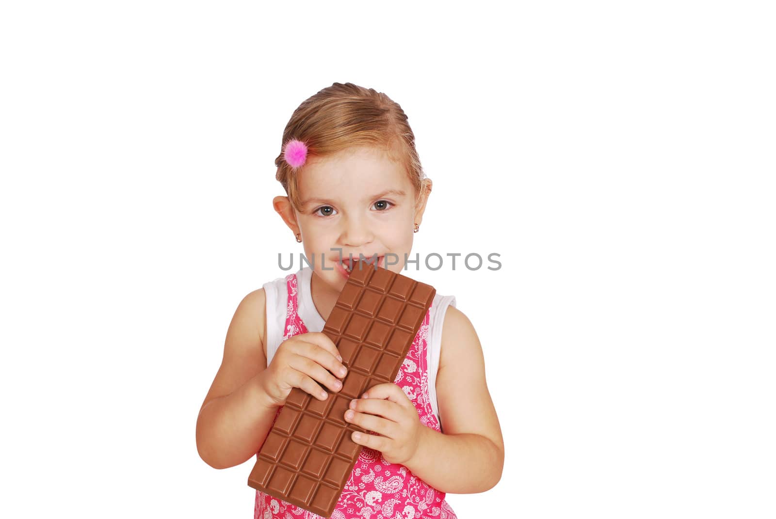 Little girl eat large chocolate studio shot
