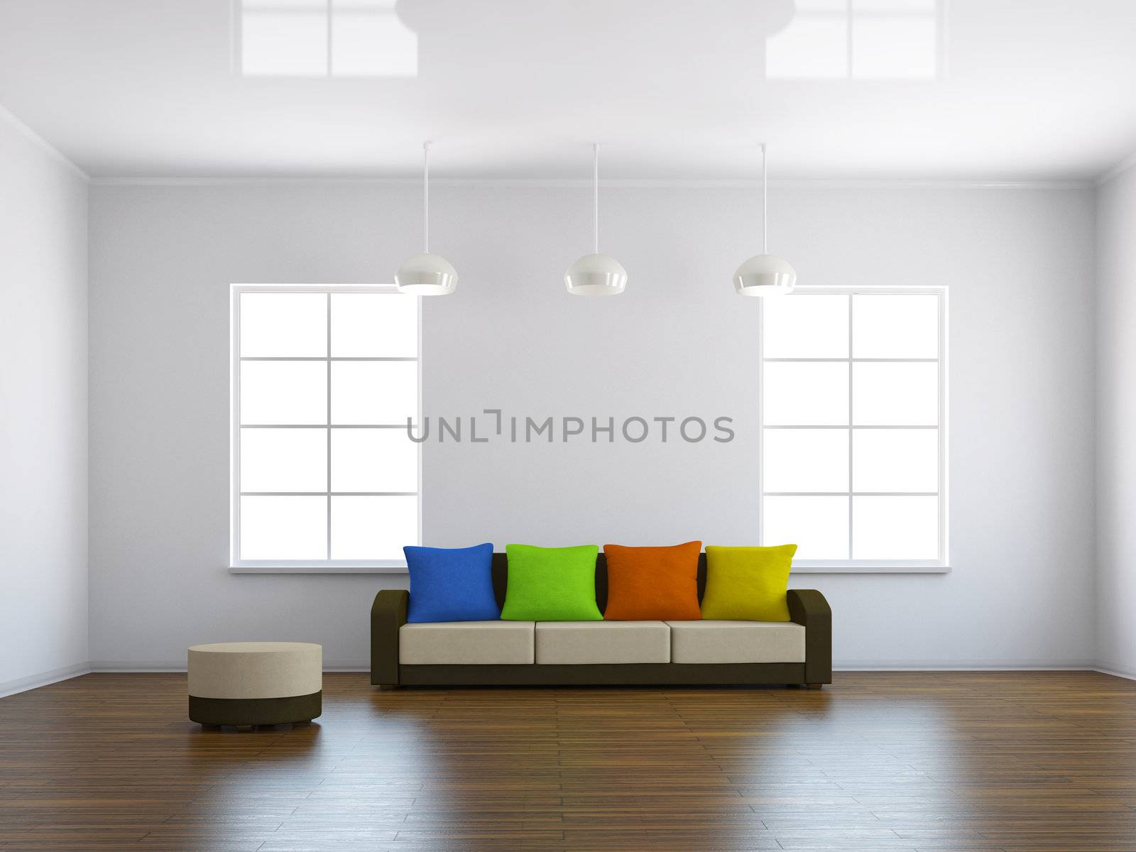 Sofa with colored pillows near the window