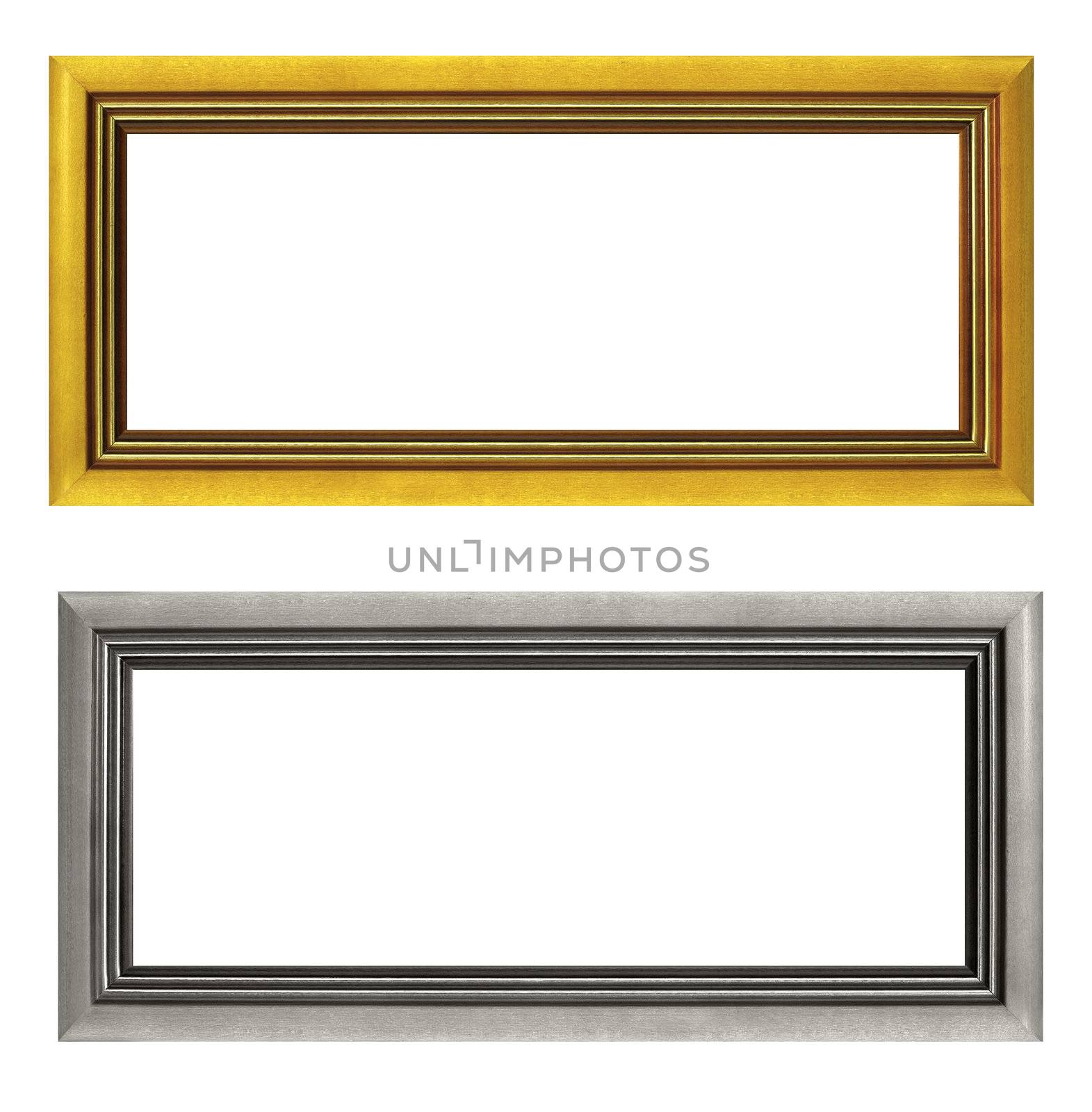 Empty golden and silver picture frames isolated on white background