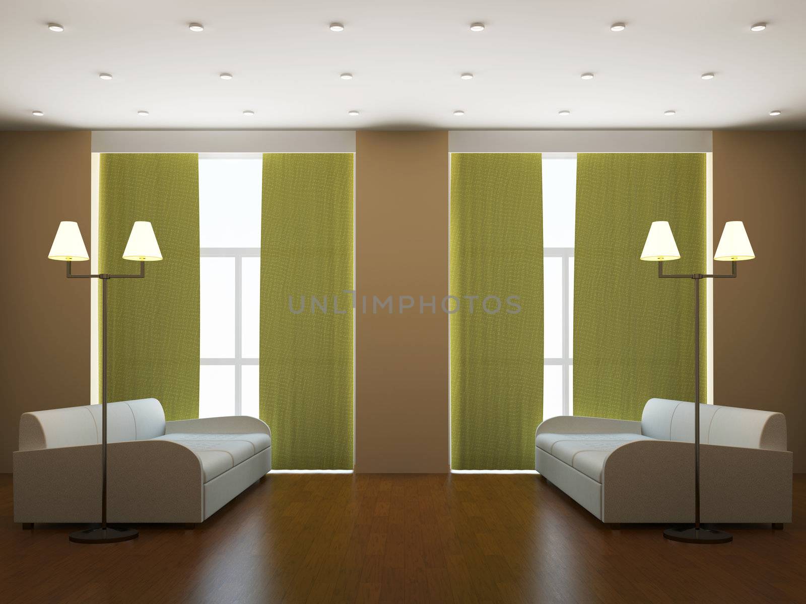 Room interior with two sofas and a lamp