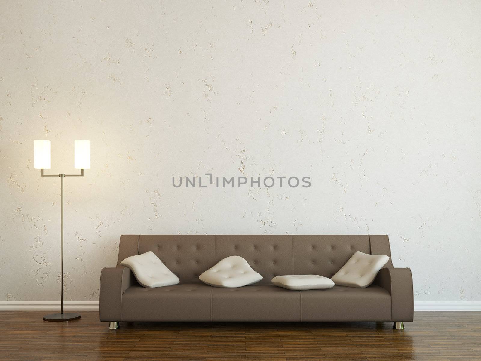 Leather sofa and a lamp near the wall