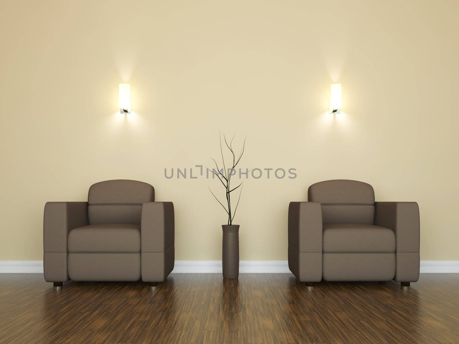 Leather armchairs and a vase near the wall