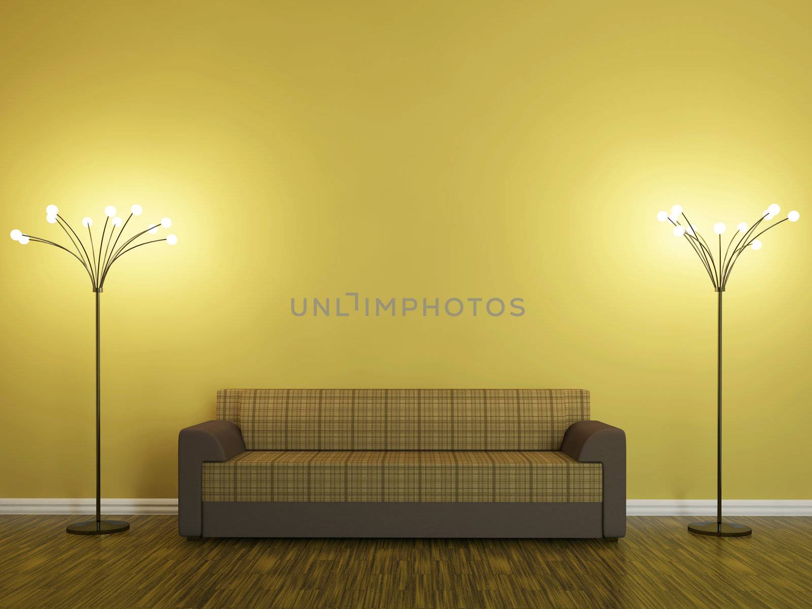 Sofa and a lamp near the wall