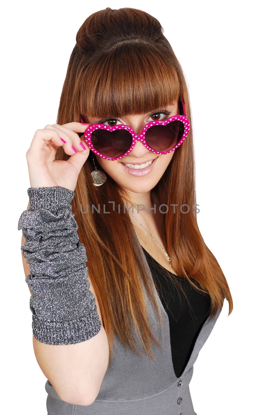 Beauty girl with heart sunglasses