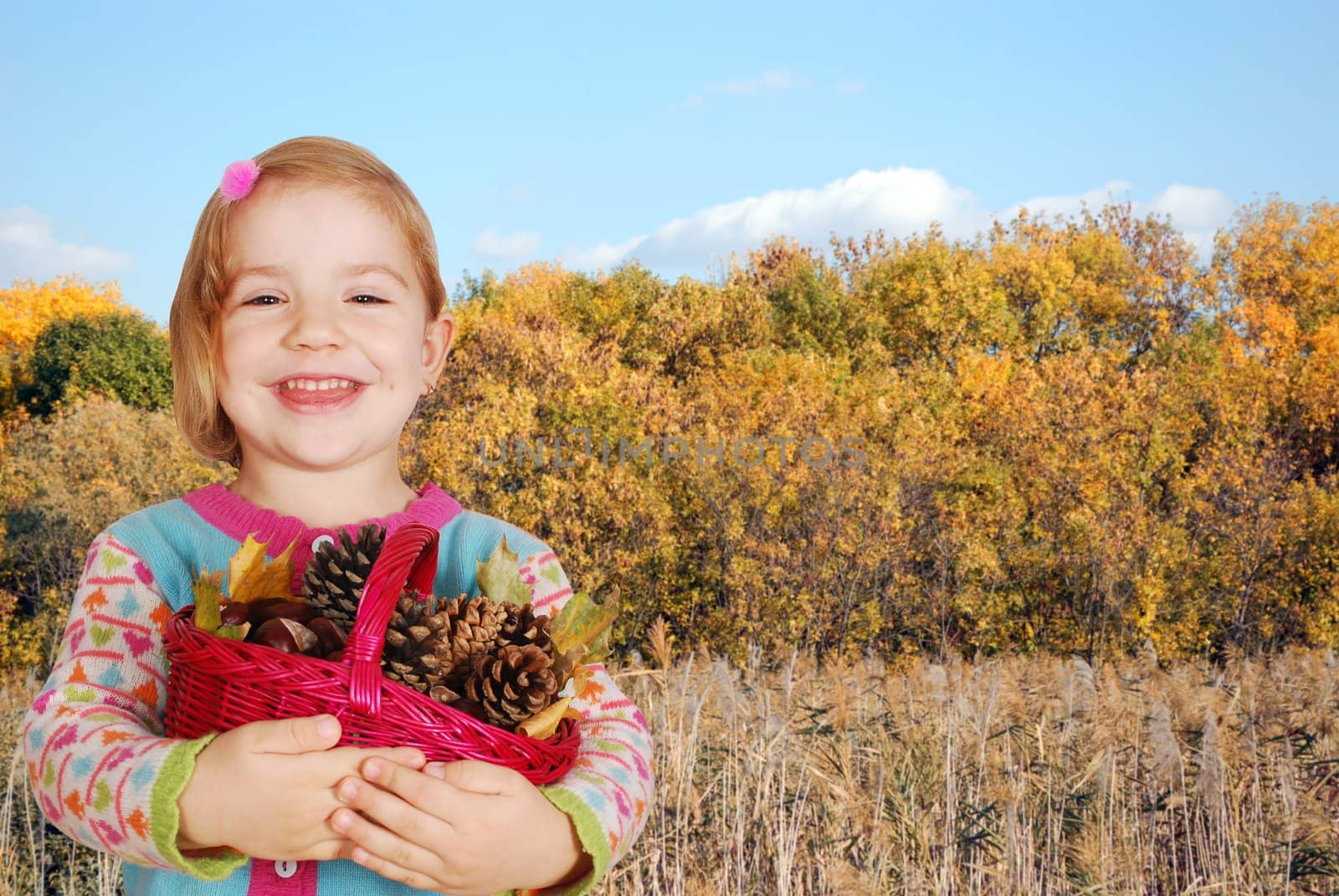 Beauty little girl with autumn forest behind