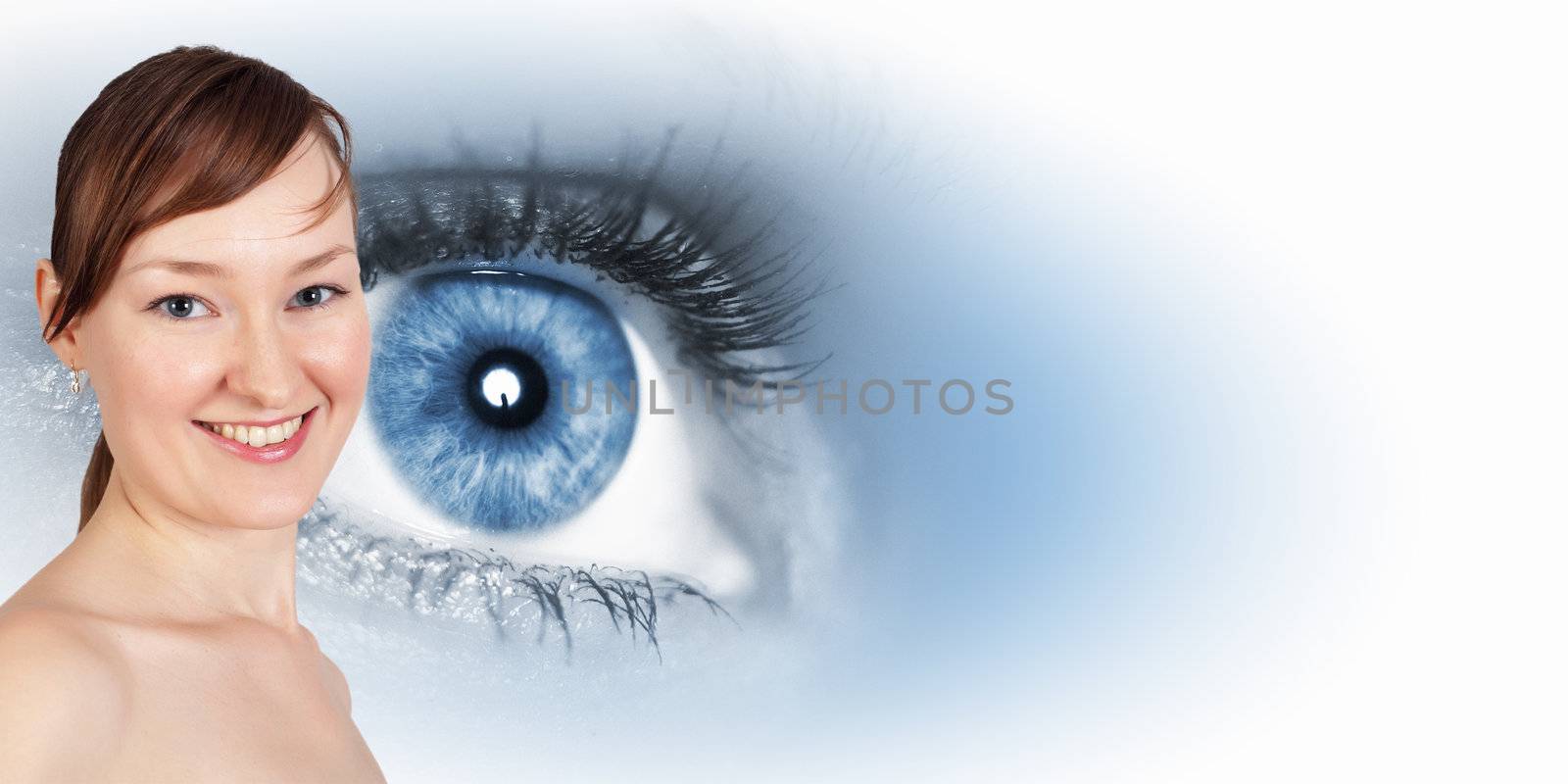 Human eye on white background with female