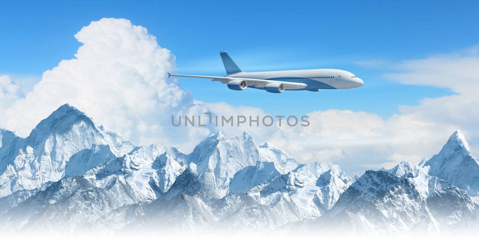 White passenger plane above the mountains by sergey_nivens