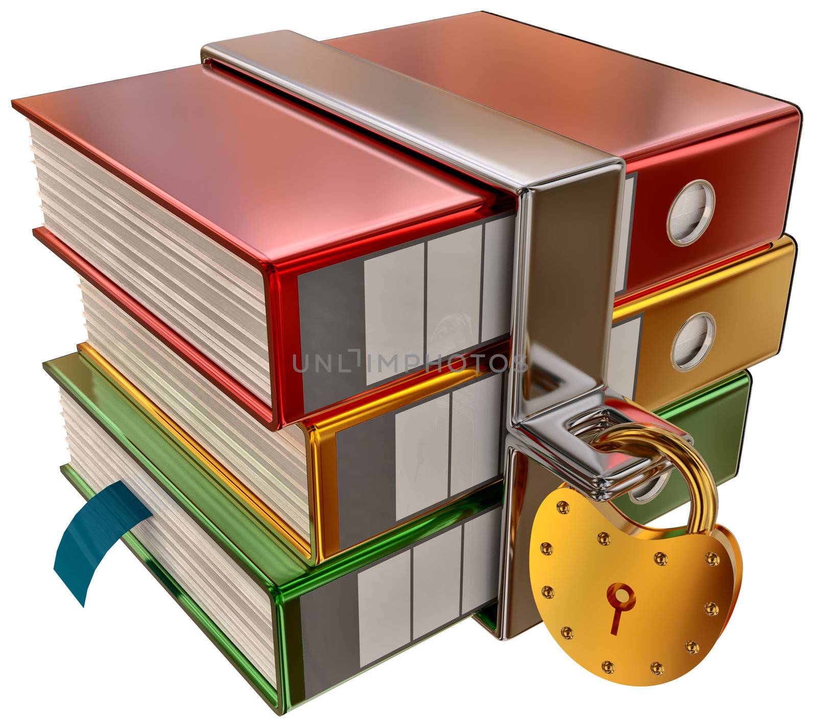 three colored folders with golden hinged lock, stores important information