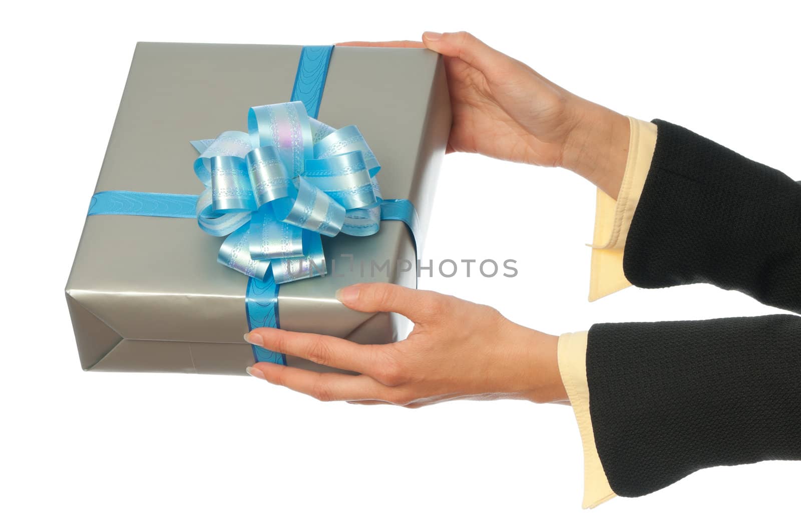 woman giving a silver box with blue bow as a gift