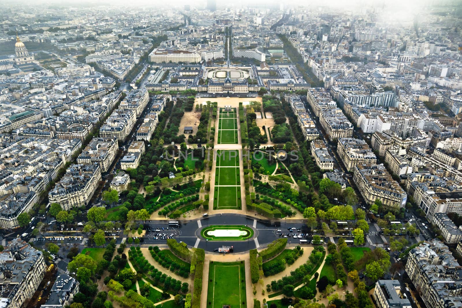 Paris center aerial view at day time, wide angle of view