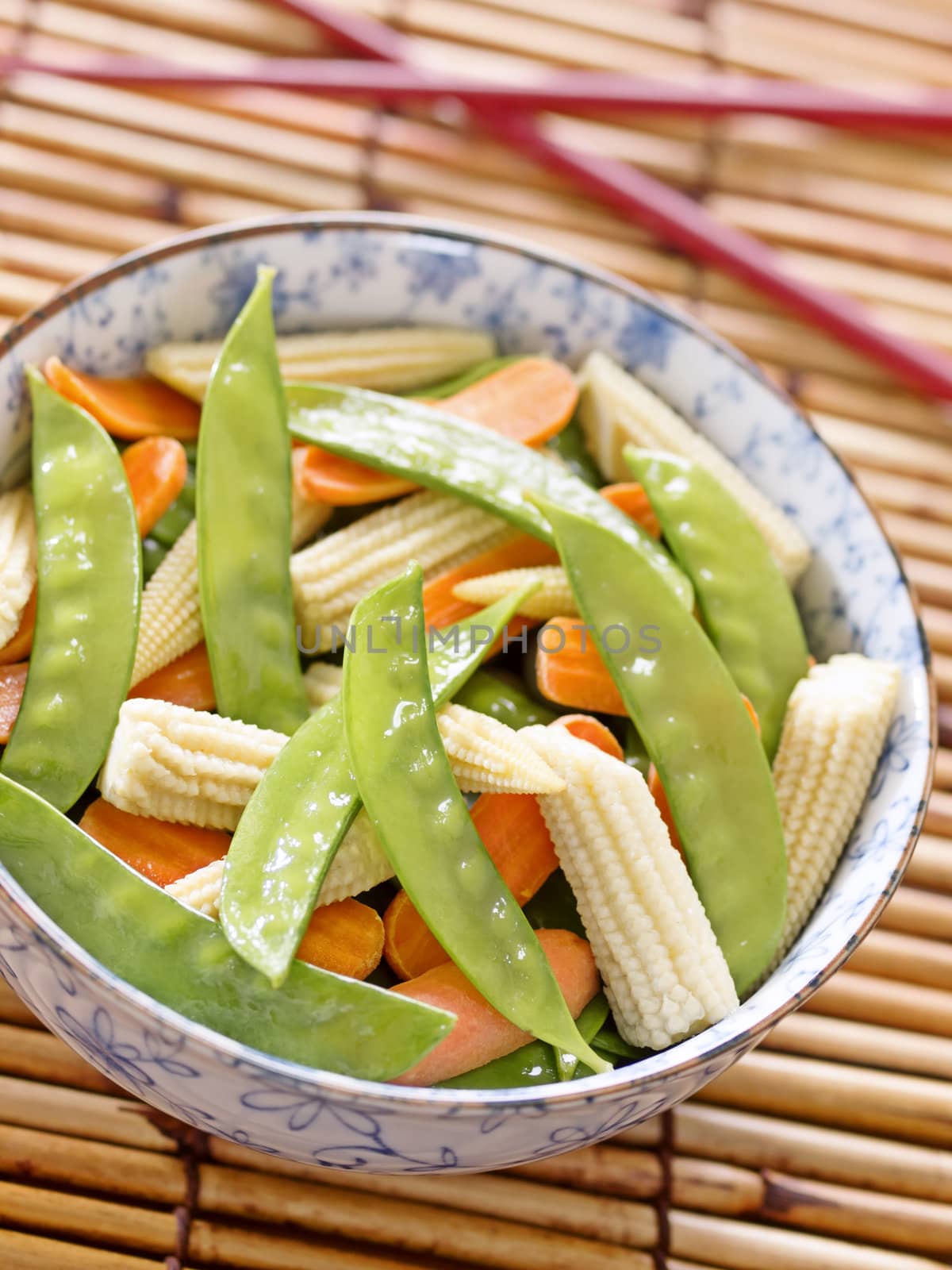 close up of a bowl of stir fried vegetables