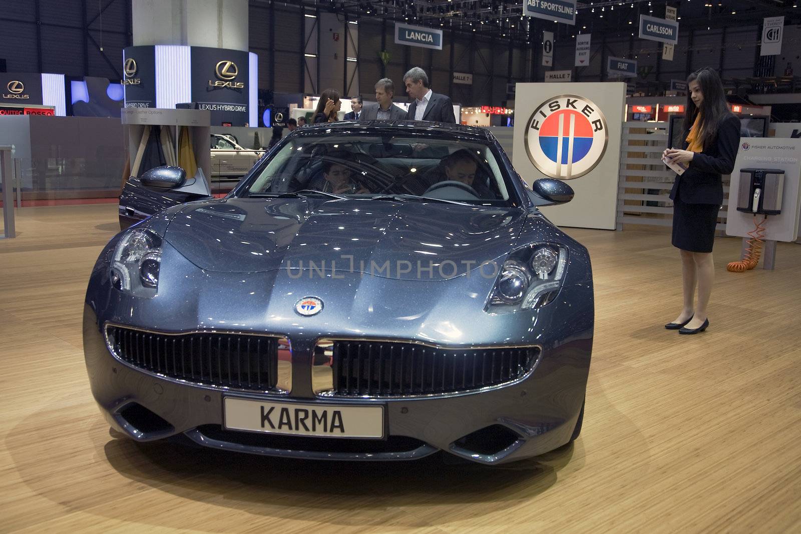 GENEVA, SWITZERLAND - MARCH 4, 2011 - Fisker Karma Plug-in Hybrid is presented at the annual motor show in Geneva on March 4, 2011.