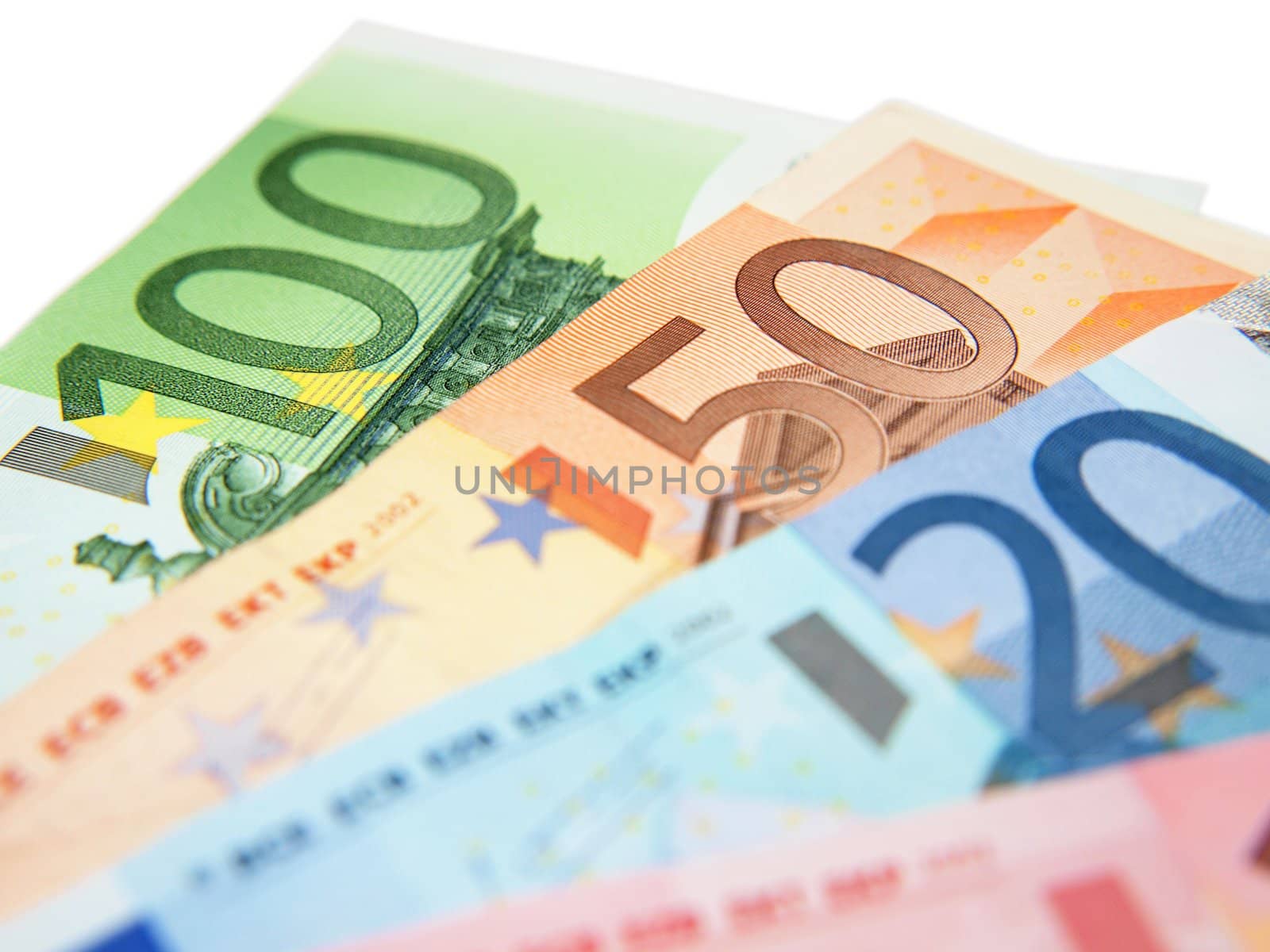 Euro currency bank notes, isolated towards white background