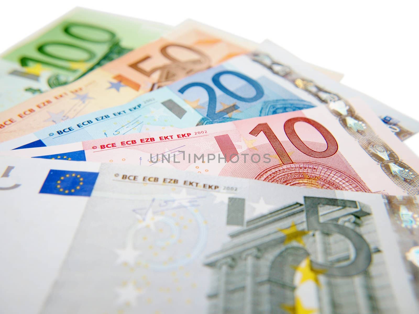 Euro currency bank notes, isolated towards white background