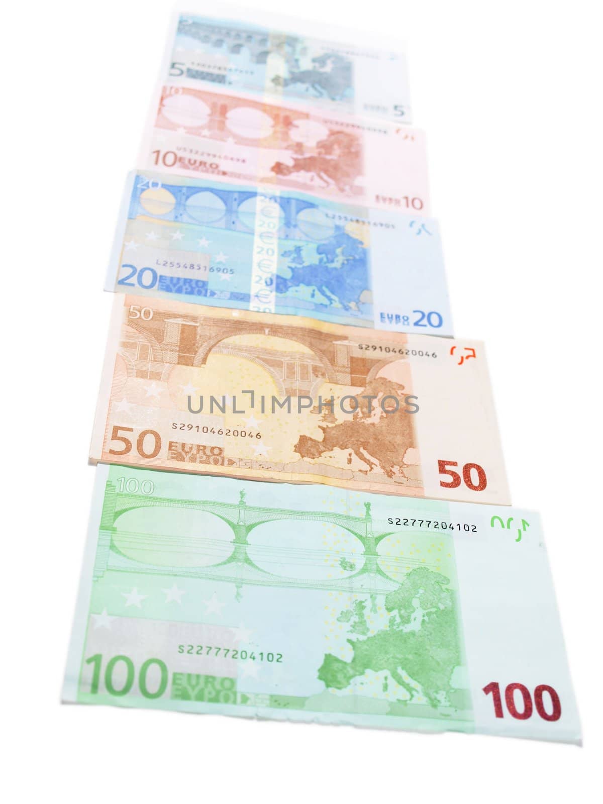 Euro currency bank notes, isolated towards white background