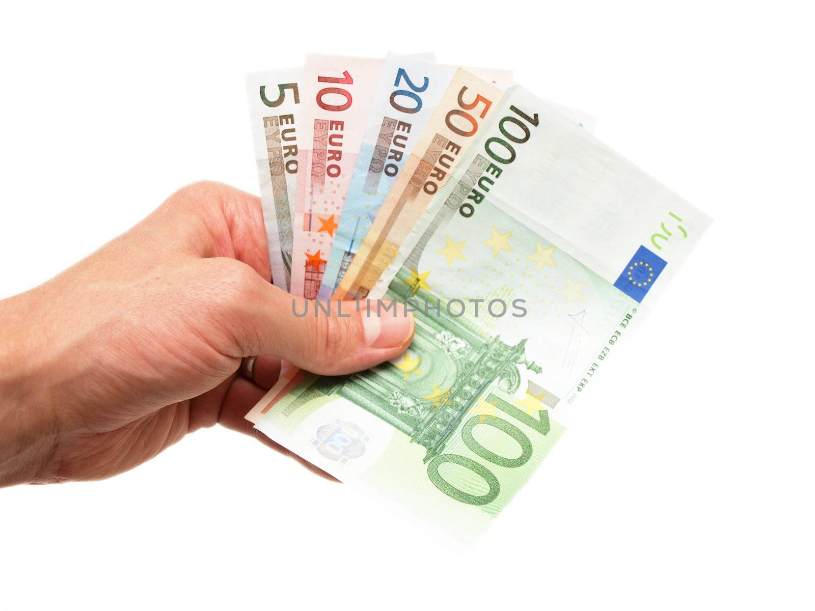 Euro currency bank notes, handed over, isolated towards white background