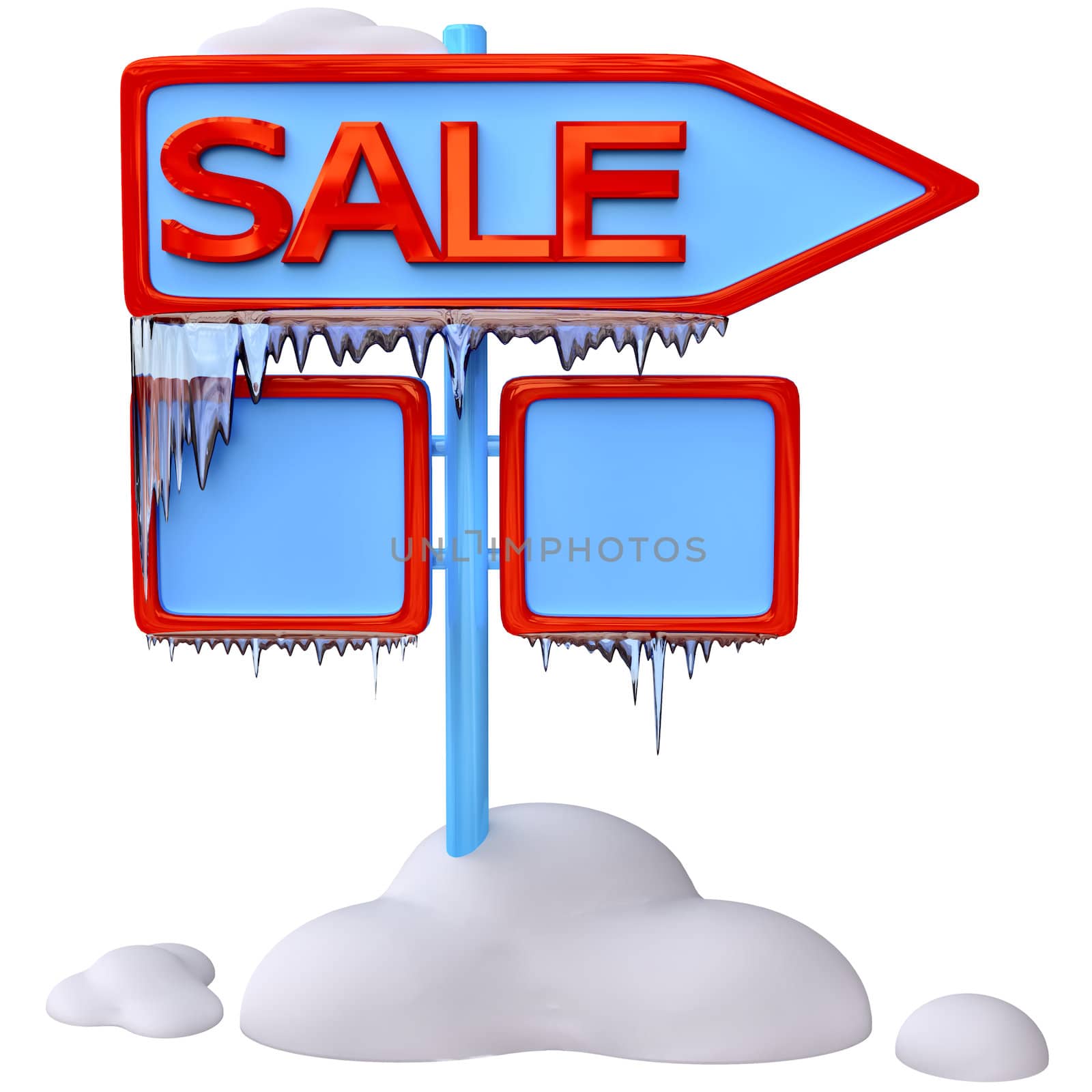 road sign covered by snow and icicles, shows the position of winter sales