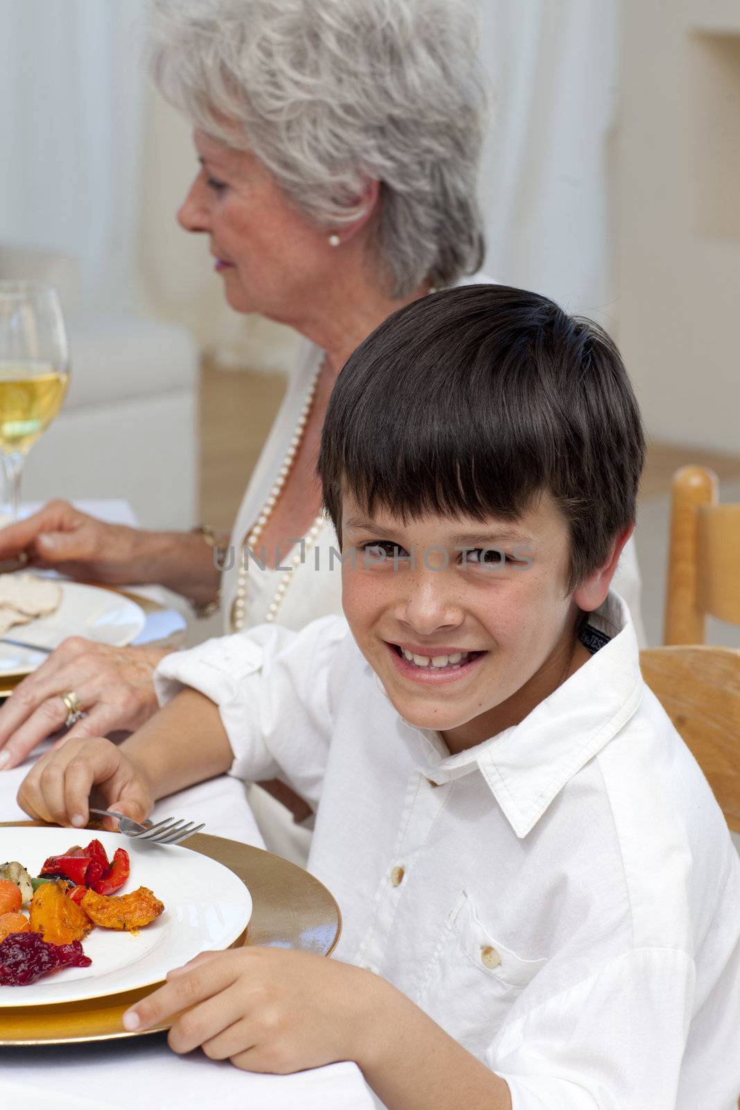 Portrait of a boy having dinner with his family at home