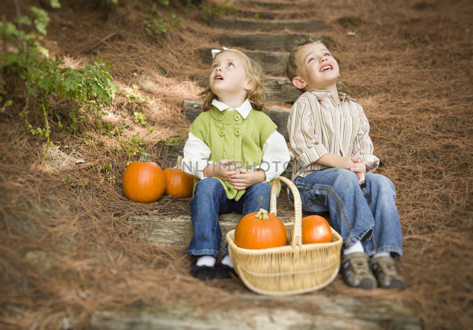 Adorable Brother and Sister Children Sitting on Wood Steps with Basket of Pumpkins Singing Songs Outside.