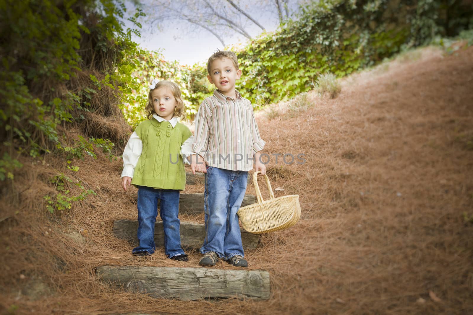 Two Children Walking Down Wood Steps with Basket Outside. by Feverpitched