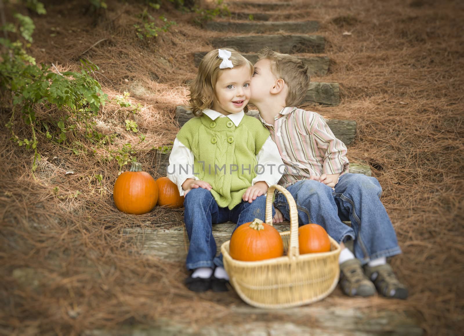 Brother and Sister Children on Wood Steps with Pumpkins Whispering by Feverpitched