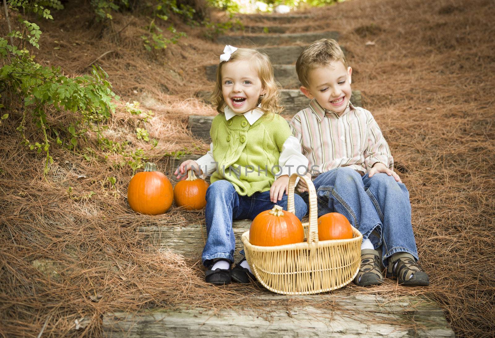 Brother and Sister Children Sitting on Wood Steps with Pumpkins by Feverpitched