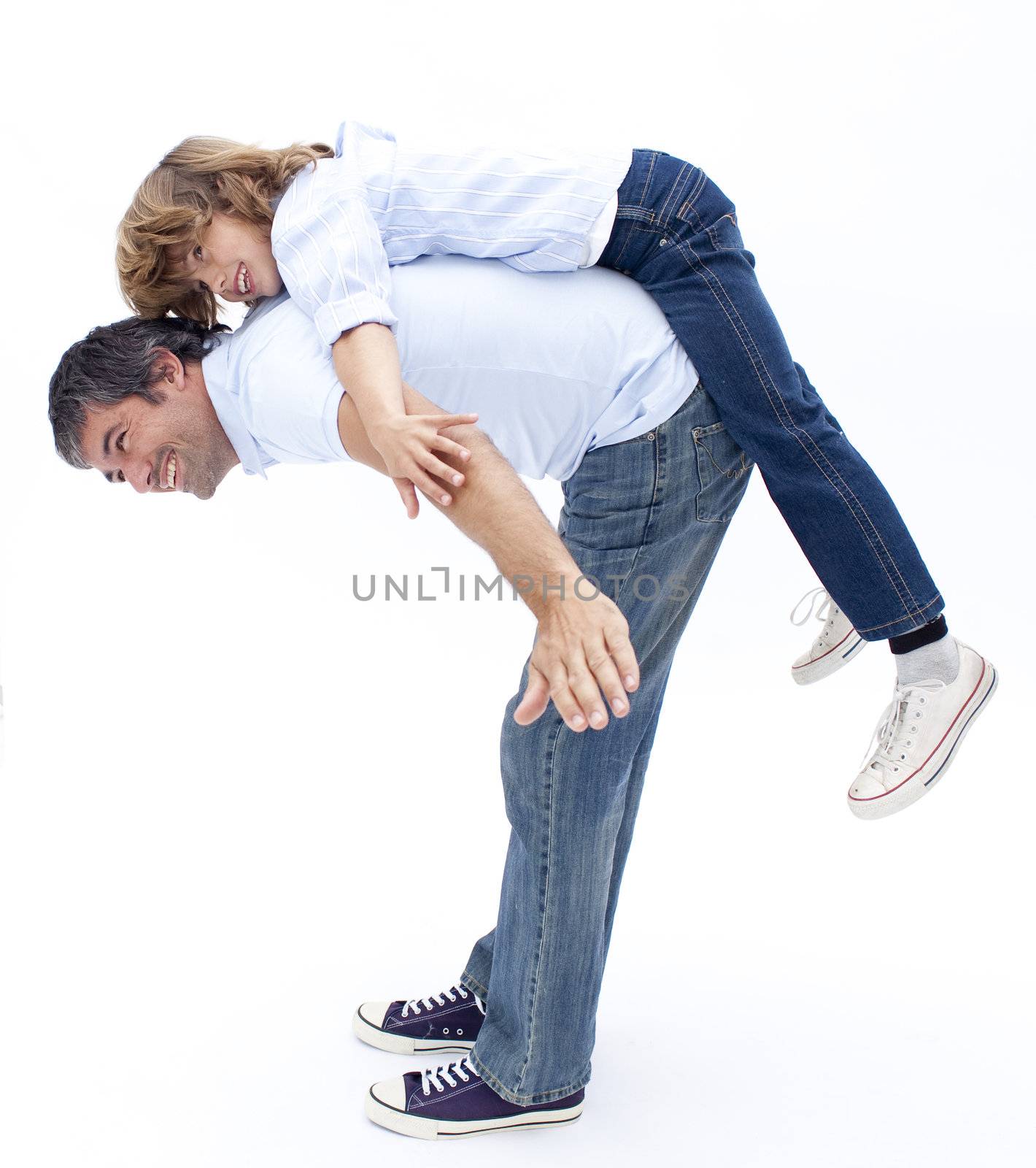 Father and son having fun against white background