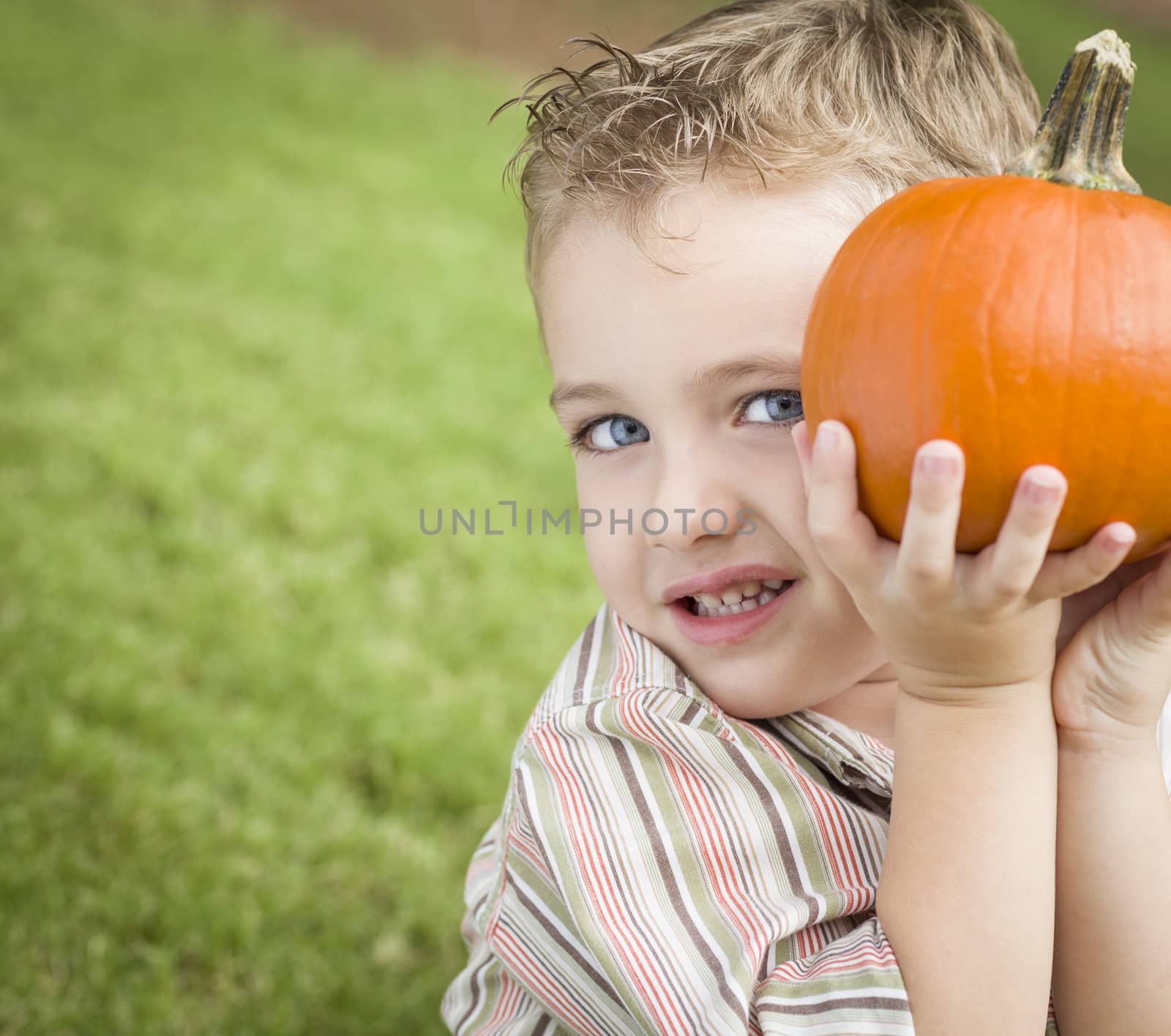 Adorable Young Child Boy Enjoying the Pumpkins at the Pumpkin Patch.