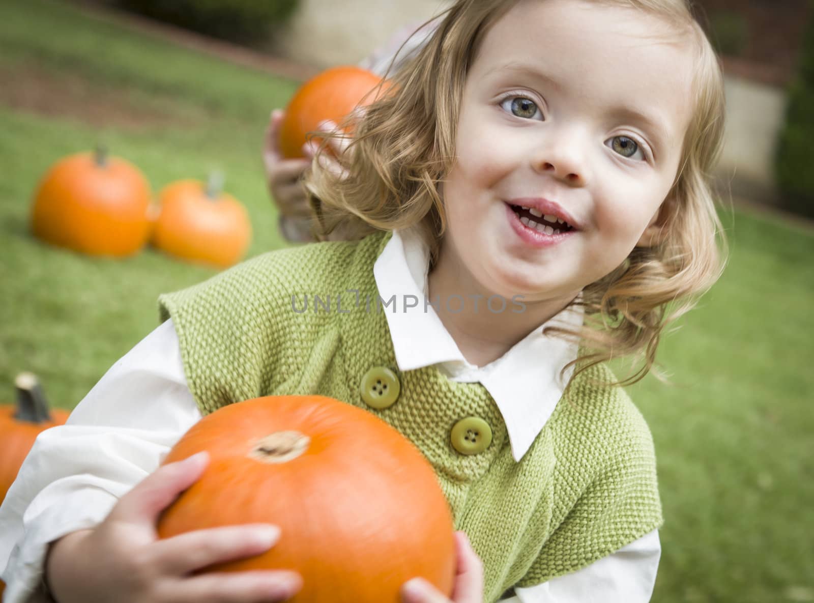 Adorable Young Child Girl Enjoying the Pumpkins at the Pumpkin Patch.