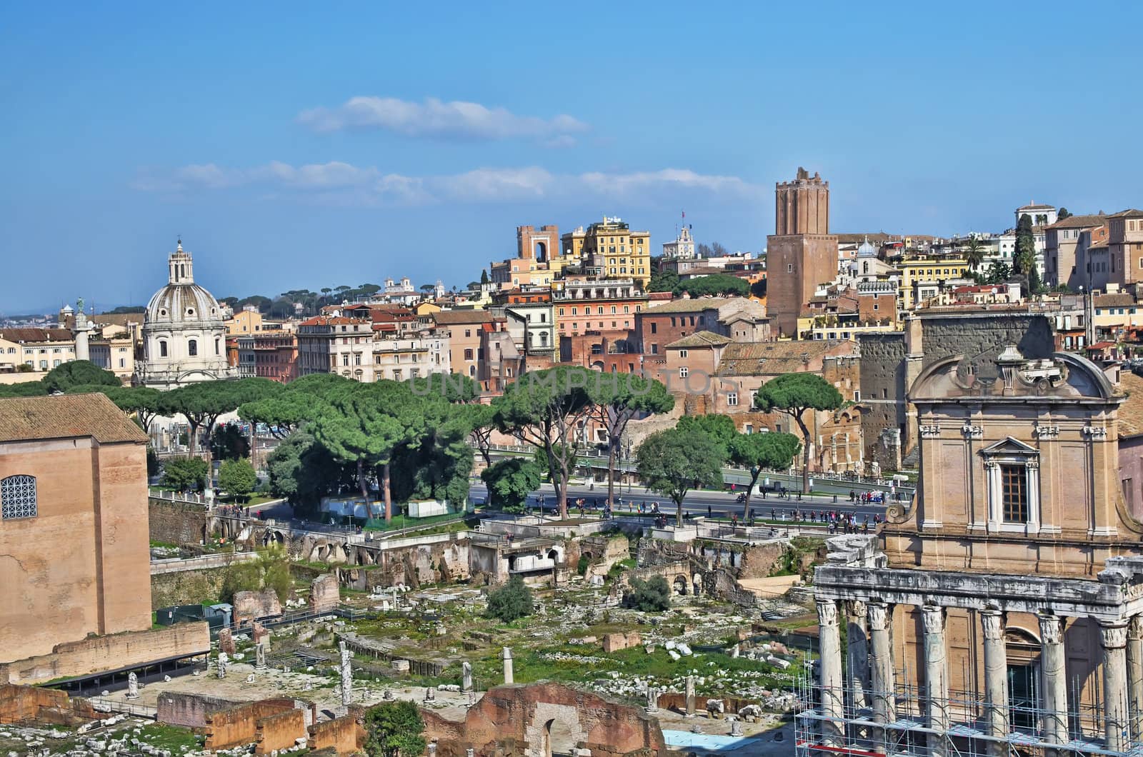 Roman forum background in Rome, view from Palatine hill