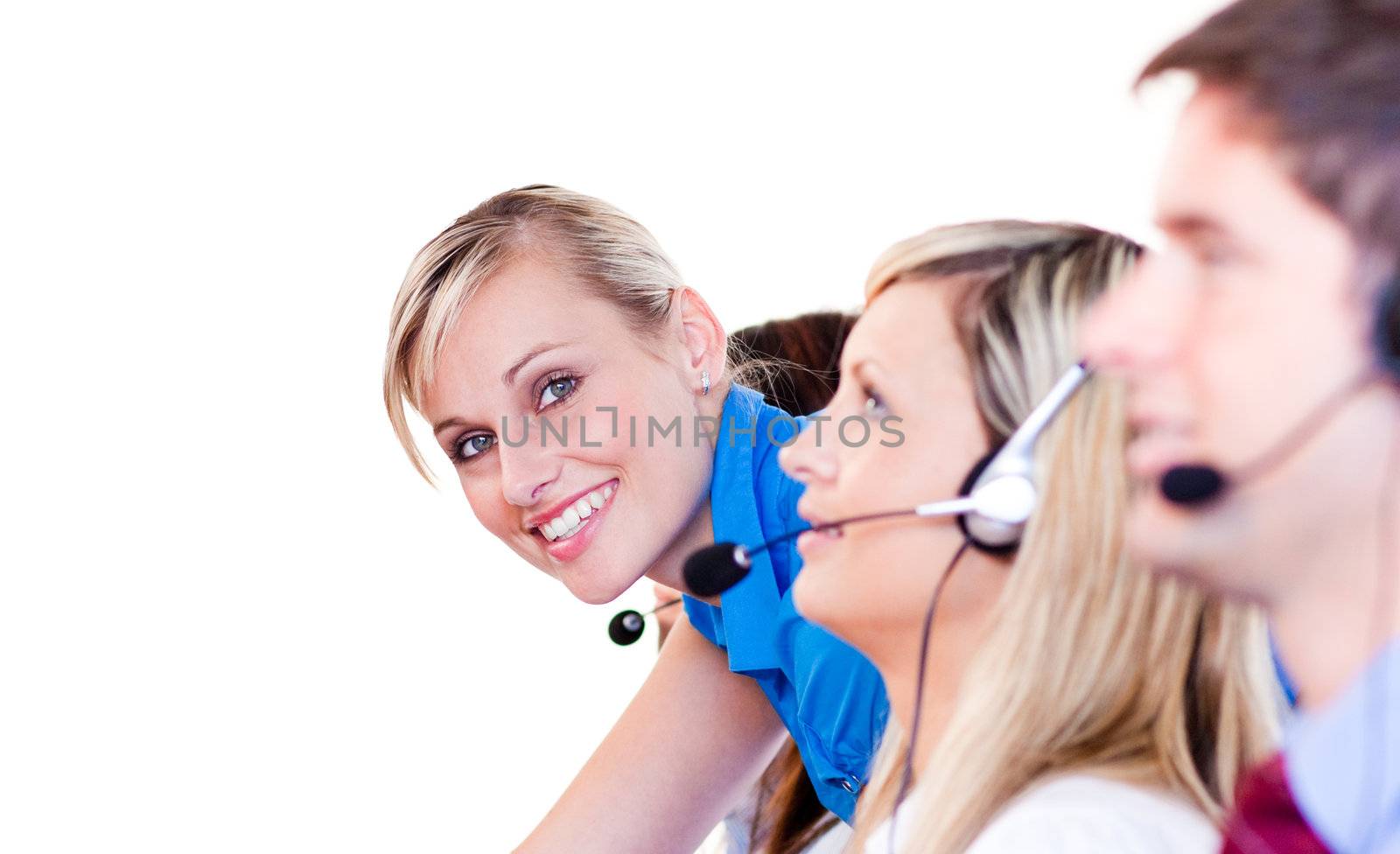 Team in a call center with focus on manager 