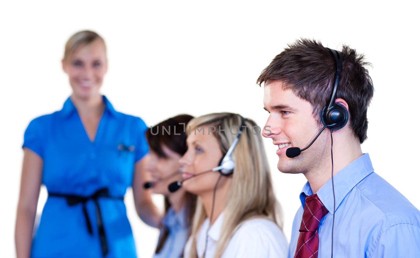 Businesspeople talking with headset  by Wavebreakmedia