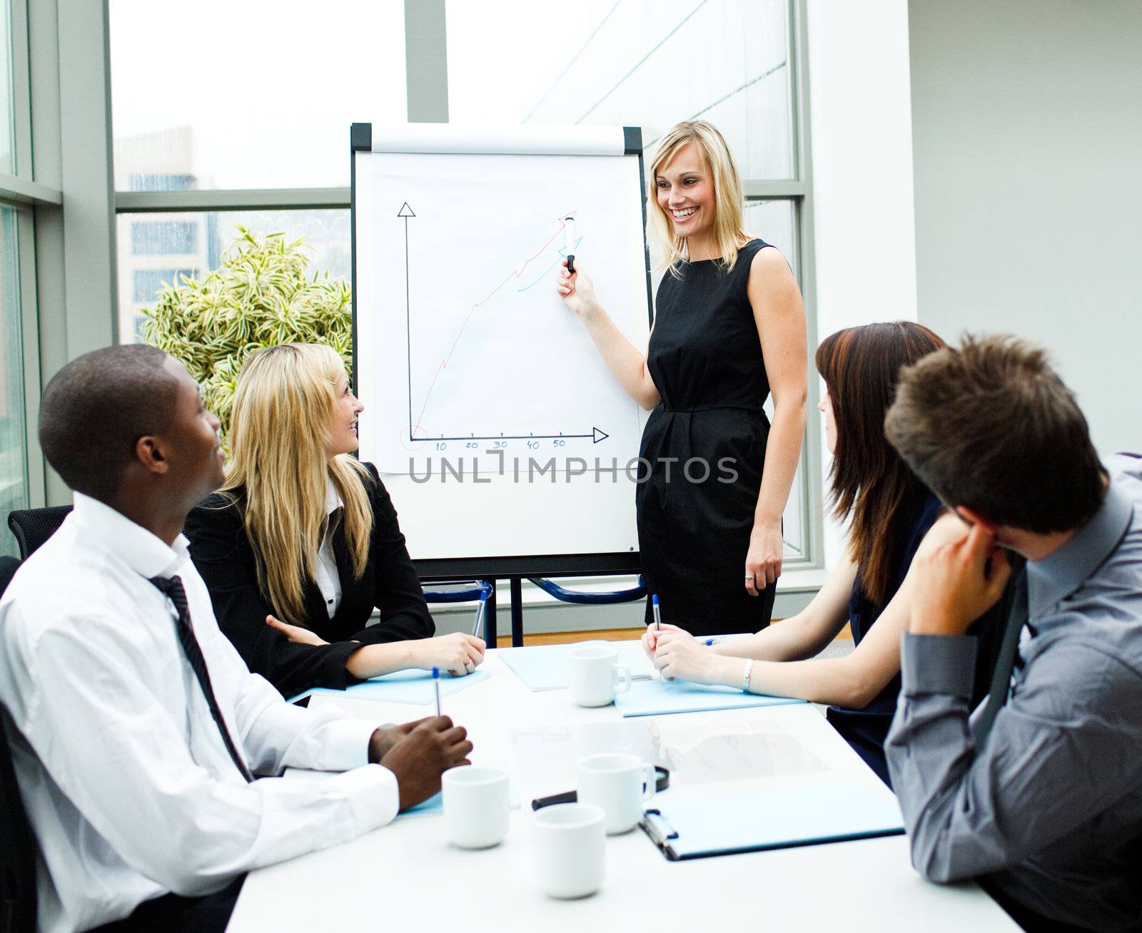 Attractive businesswoman giving a presentation to her team