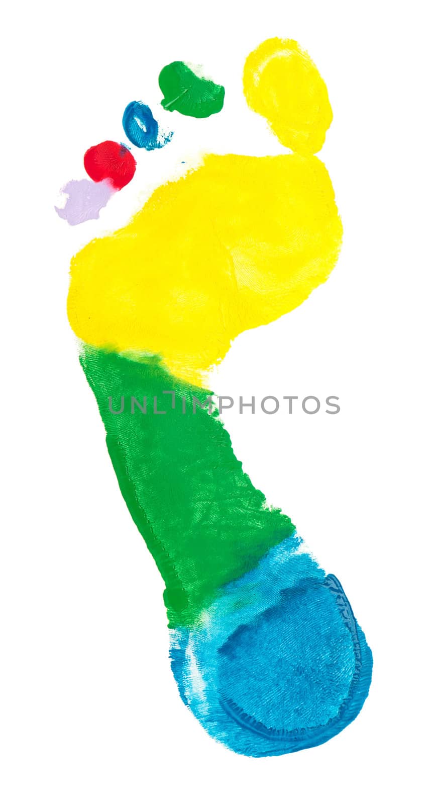 Close up of colorful foot painted isolated on white background