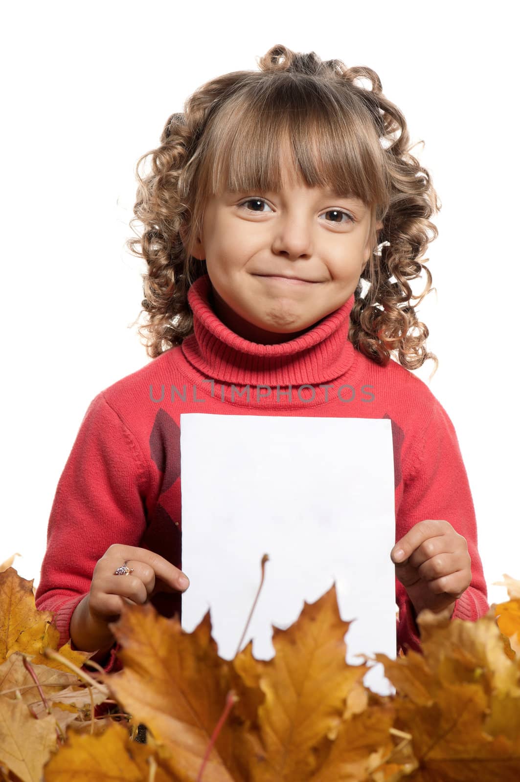 Portrait of a little girl holding empty white board on white background