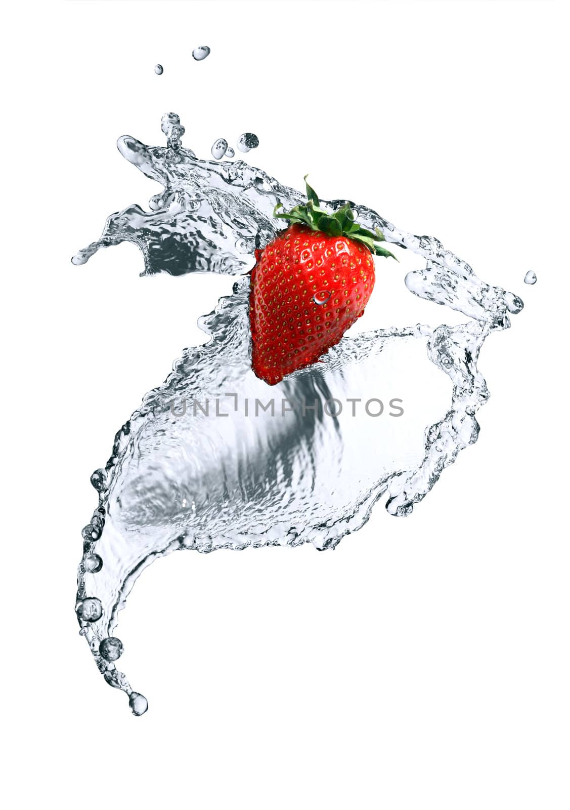 Red strawberry inside flowing water on white background