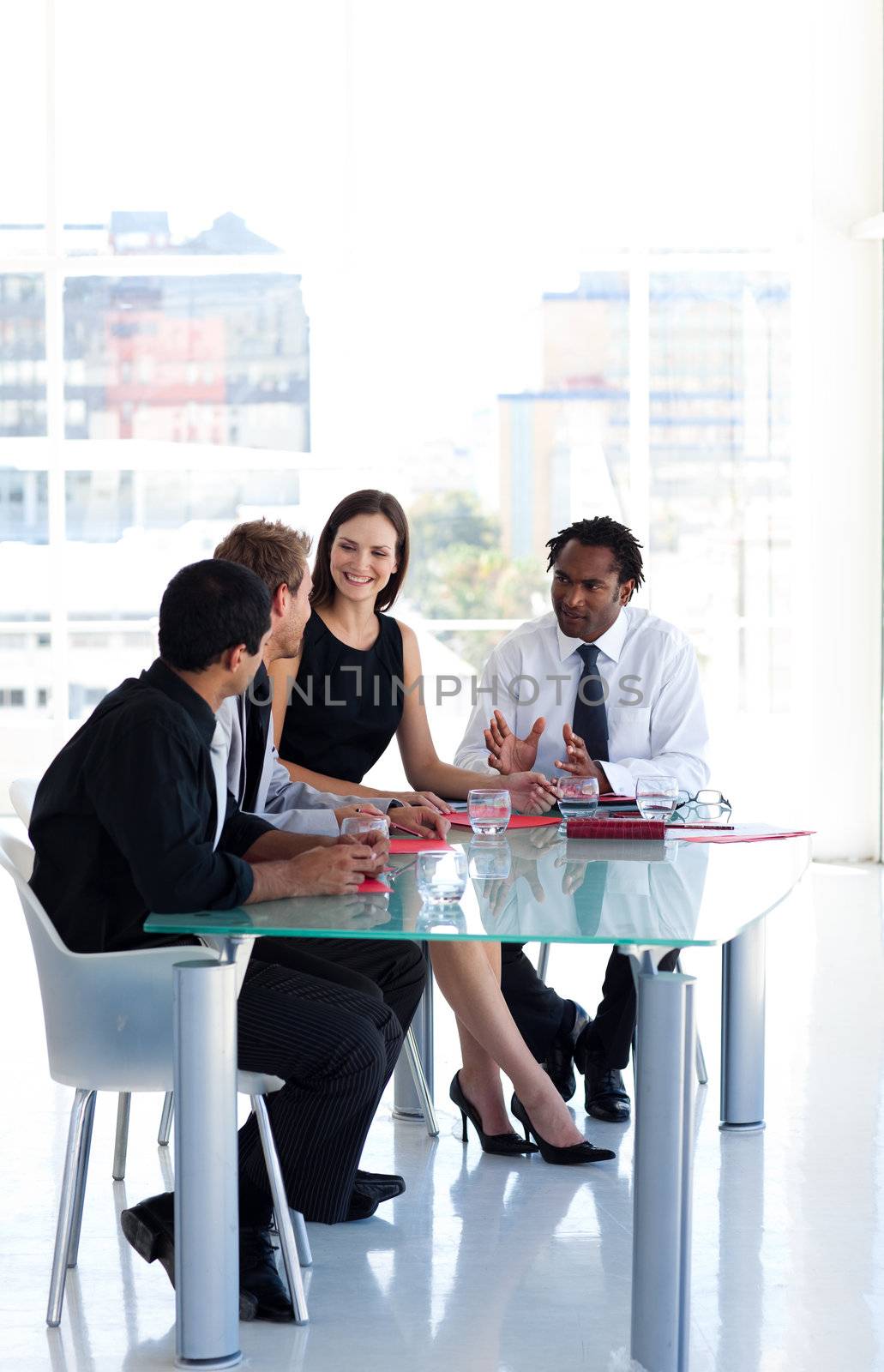 International business team working together in office with copy-space