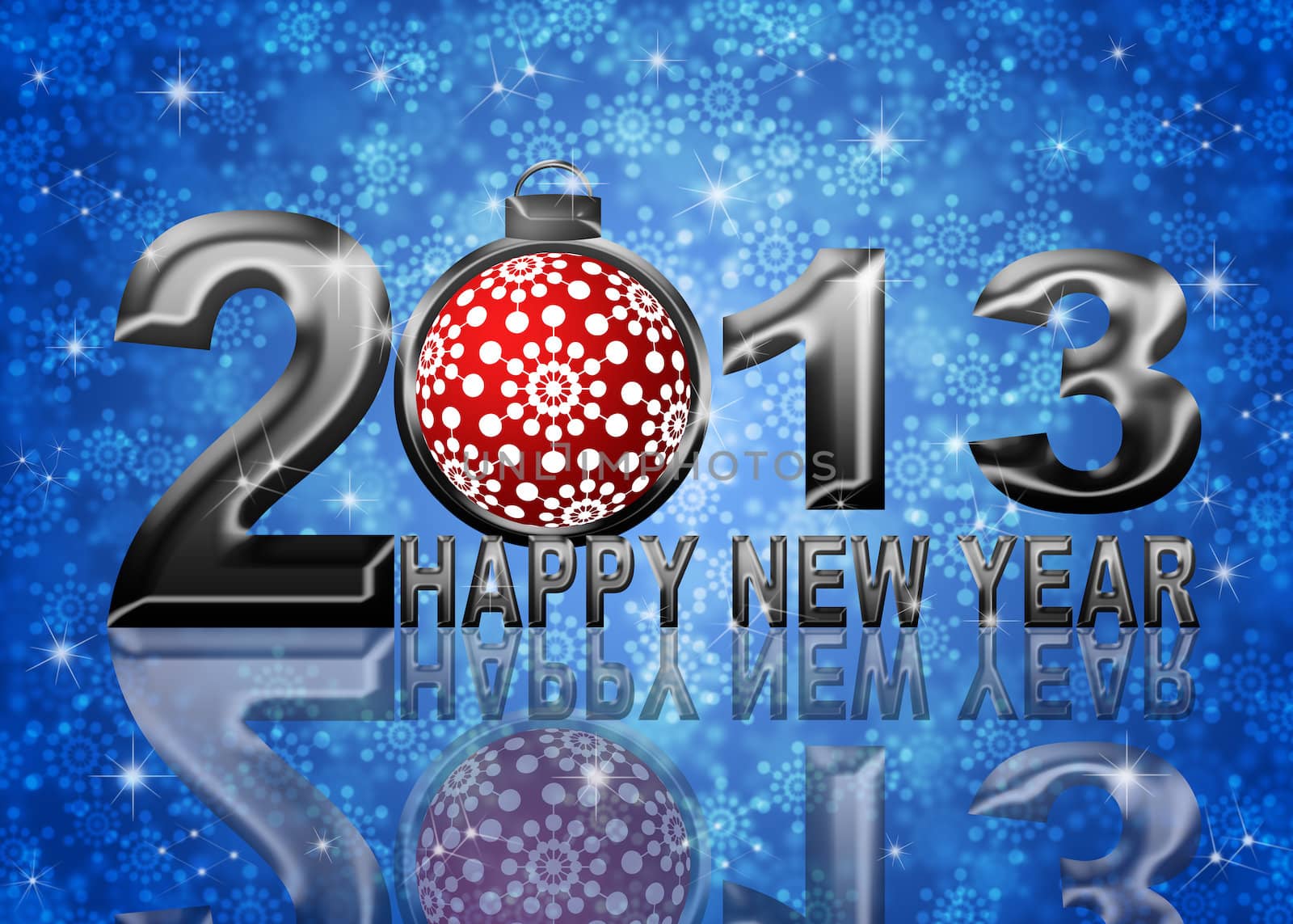 2013 Happy New Year Snowflakes Ornament on Blue Blurred Snow Background