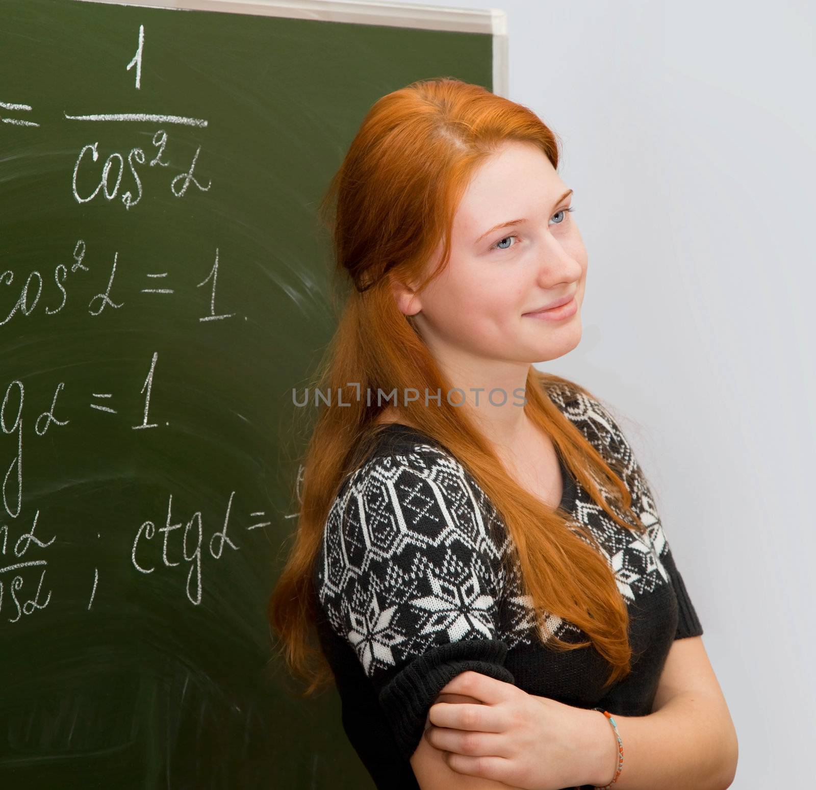 tired happy red-haired girl in math class carried out the task teacher