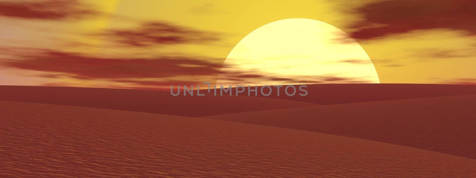 Big yellow sun over sand hills in the desert during sunset