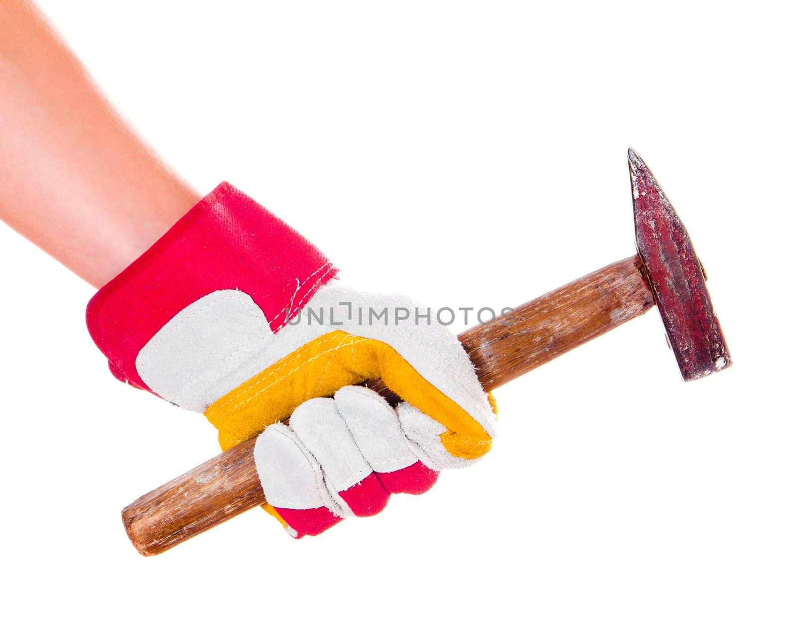 hand in glove with hammer isolated on a white background
