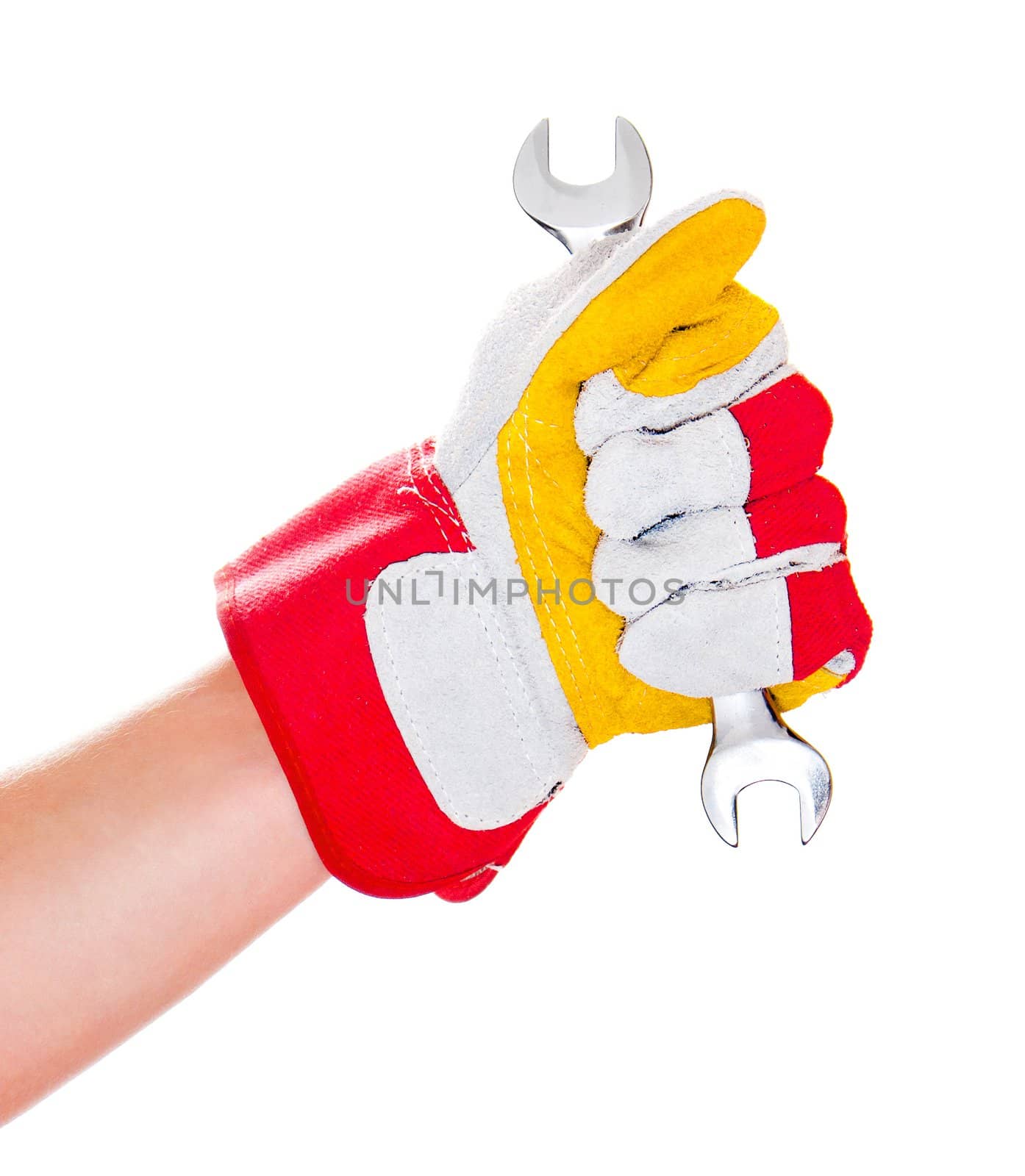 gloved hand with a wrench isolated on a white background