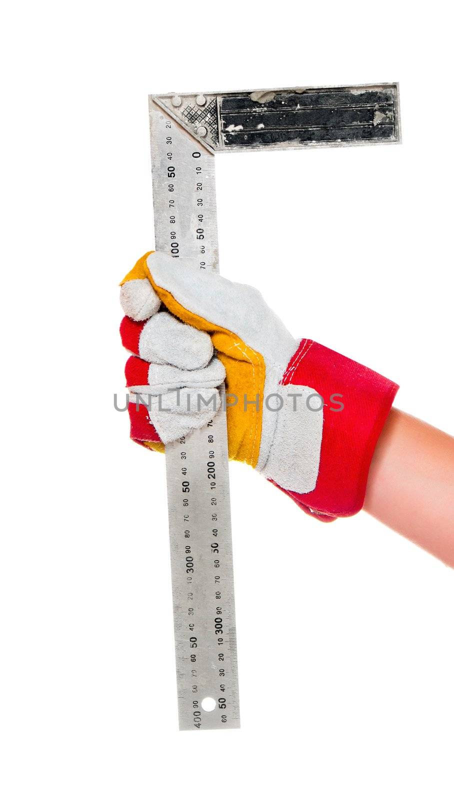 gloved hand with a ruler isolated on a white background