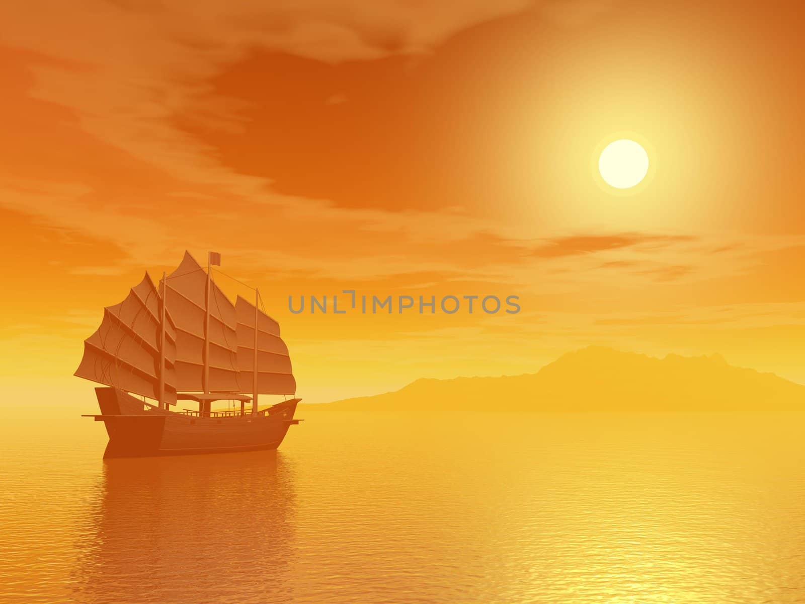 Oriental junk alone in the sea far from an island by sunset